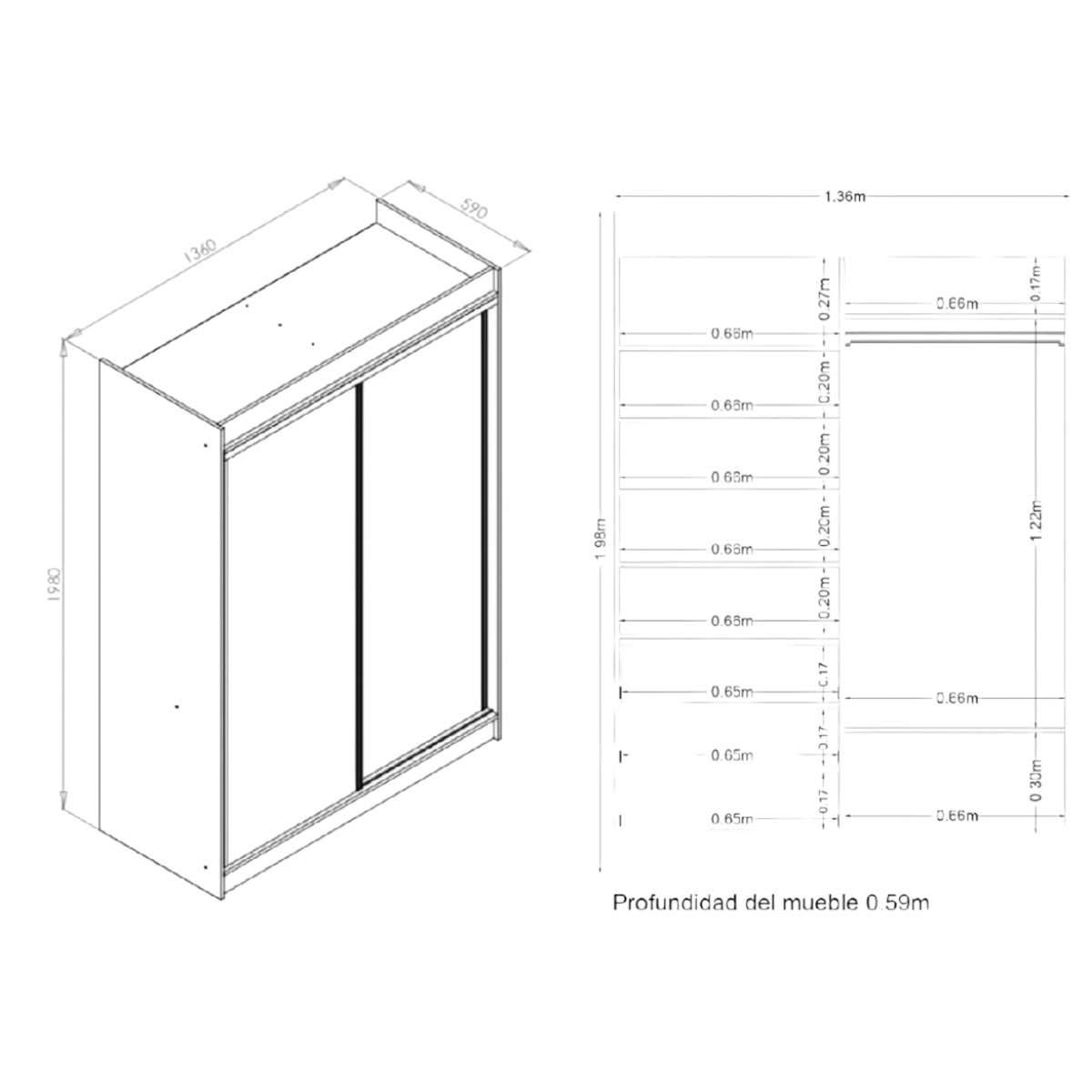 VESTIDOR 2 PUERTAS CORREDIZAS CON ESPEJO 140x200 CORSA - Imagen 7